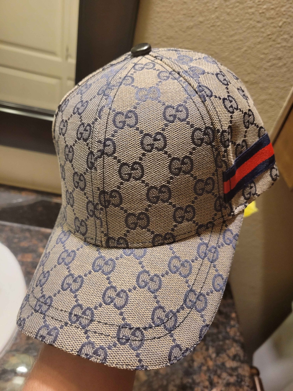 Gucci Monogram Navy Blue Baseball Cap with Web Stripe - Picture 6 of 7